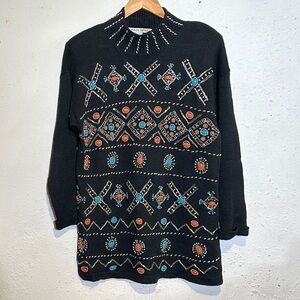 Victoria Jones Southwestern Beaded Mock Neck Tunic Sweater Sz Large Women
